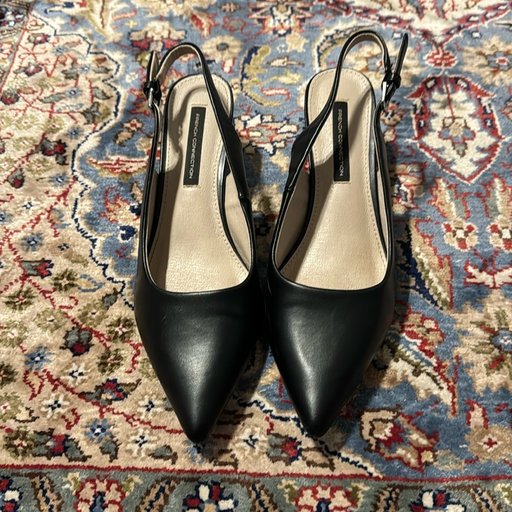 black leather slingback kitten heels